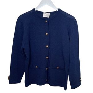 VINTAGE Susan Bristol Blue Knit Gold Buttons Jacket / Cardigan Size Large